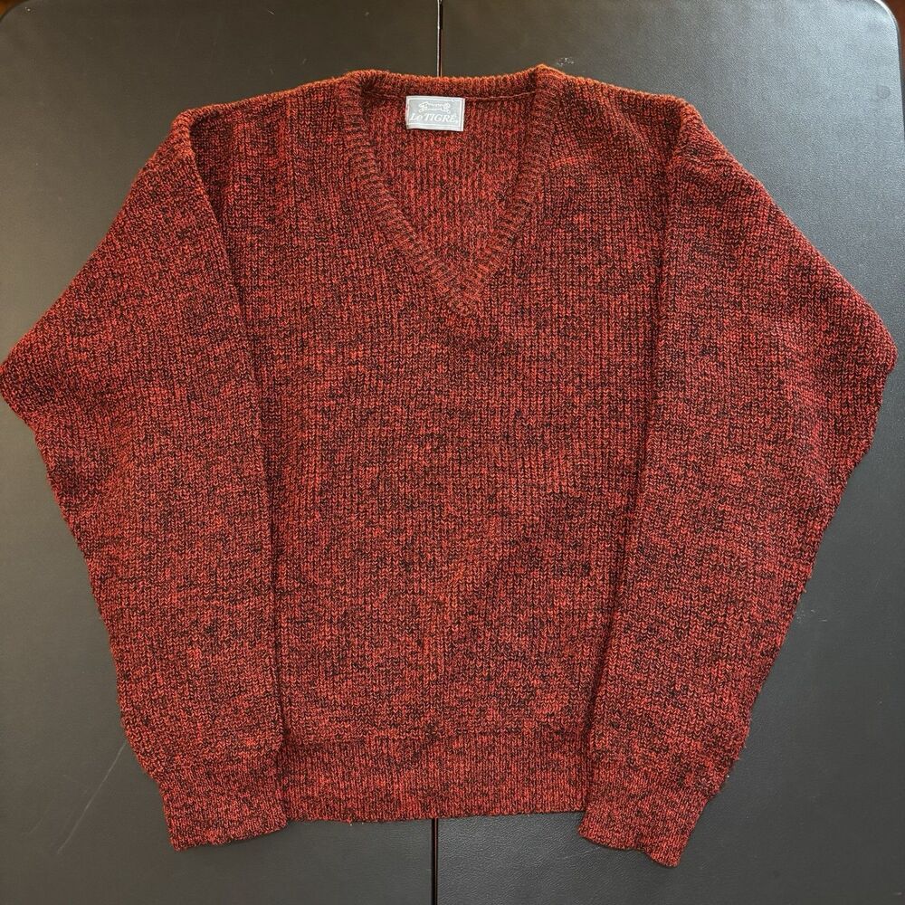 Le Tigre Mens L Red Black Fleck V Neck Sweater Vintage 80s Pullover